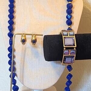 Vintage Blue Necklace, Classic Blue Hoop Earrings, and Stretch Bracelet